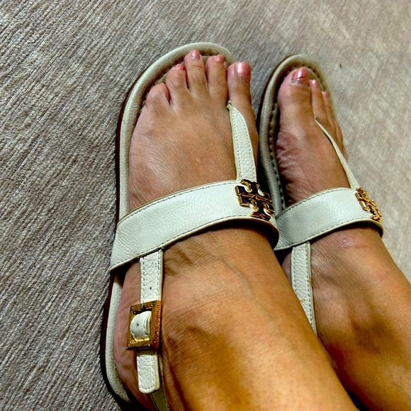Tory Burch Shoes - Tory Burch White Leather Logo Thong Sandals with Gold Hardware